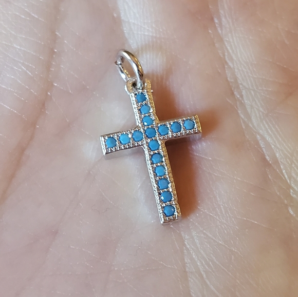 NWOT 18K White Gold Tiny Turquoise Cross Charm - Picture 3 of 5